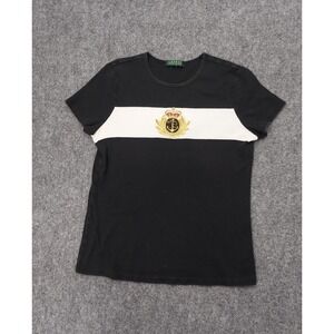 LRL Ralph Lauren Top Womens Small Black White Anchor Gold Crest Short Sleeve